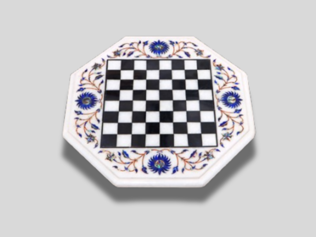 Handicraft Marble Chess Coffee Table Lapis Lazuli Inlay Stone Art Living Decor